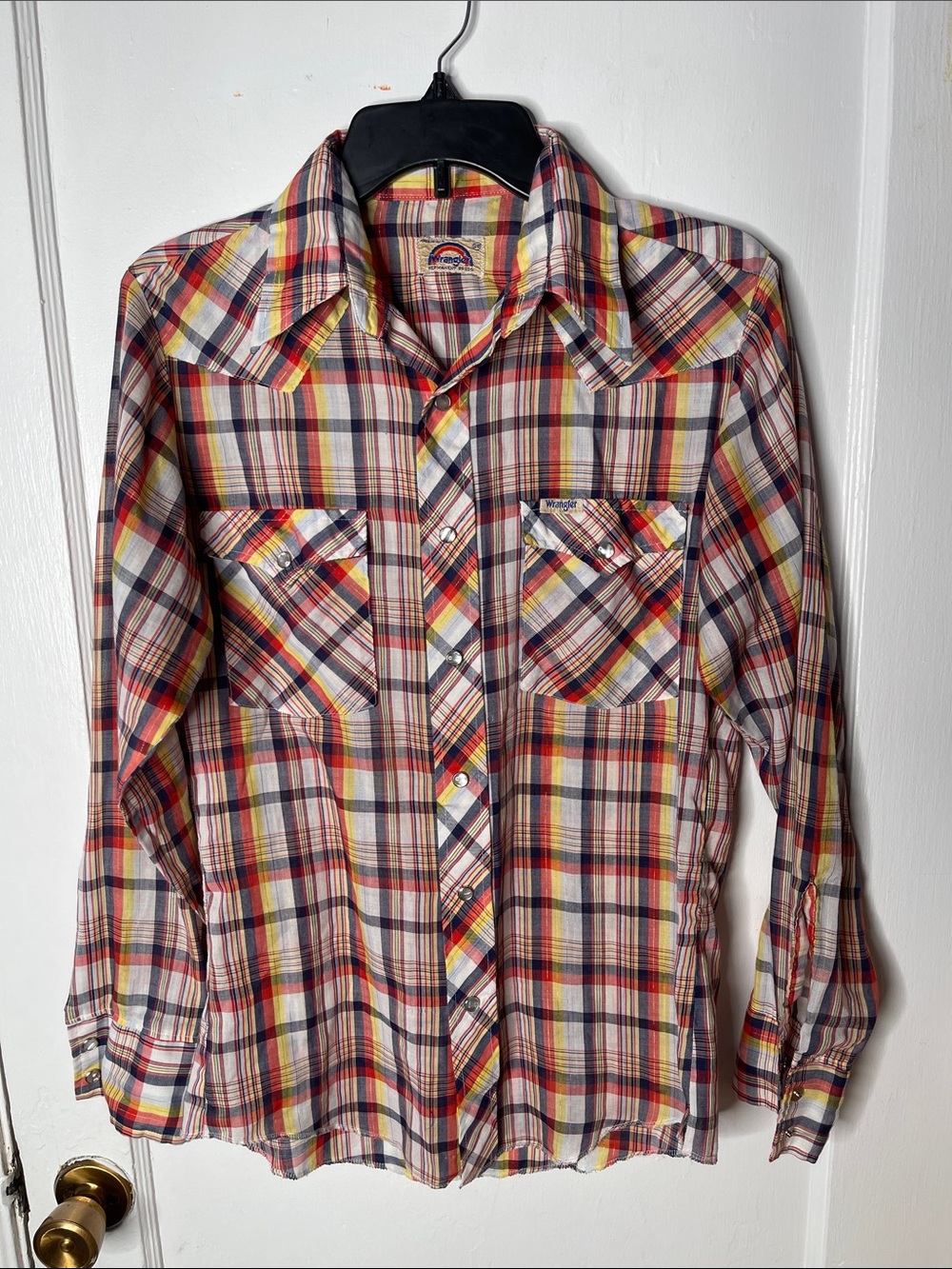 Vintage Wrangler Pearl Snap Front Shirt Plaid Metallic Thread 20 Large Western L